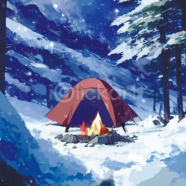사람없음 EPS 일러스트 해외이미지 겨울 나무 모닥불 산 여행 캠핑 캠핑장 텐트 풍경(경치) 해외202309