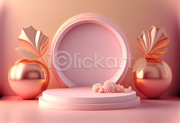 사람없음 3D JPG 포토 해외이미지 광택 꽃 단상 백그라운드 분홍색 원형 파스텔톤 포디움 해외202309