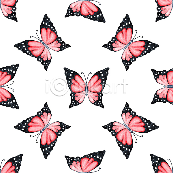 사람없음 JPG 포토 해외이미지 나비 빨간색 손그림 수채화(물감) 패턴 해외202309
