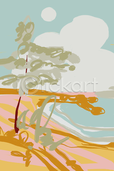 분위기 사람없음 JPG 일러스트 해외이미지 구름(자연) 나무 낙서 바다 백그라운드 태양 하늘 해외202309