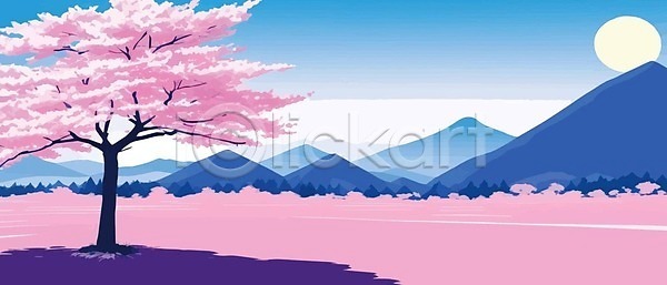 분위기 사람없음 EPS 일러스트 해외이미지 나무 벚꽃 분홍색 산 태양 하늘