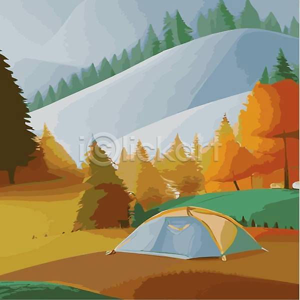 사람없음 EPS 일러스트 해외이미지 나무 단풍 여행 캠핑 캠핑장 텐트 풍경(경치) 해외202309