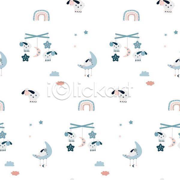 휴식 사람없음 EPS 일러스트 해외이미지 동물캐릭터 모빌 백그라운드 아기자기 양 잠 패턴 해외202309 흰색