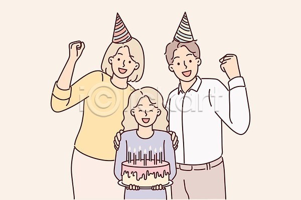 기쁨 축하 남자 성인 세명 소녀(어린이) 여자 EPS 일러스트 해외이미지 고깔(모자) 라이프스타일 상반신 생일 촛불 케이크 파이팅