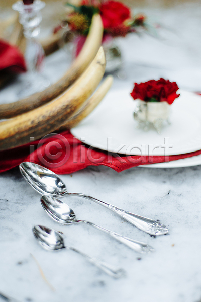사랑 화려 사람없음 JPG 포토 해외이미지 빨간색 숟가락 장미 저녁식사 접시 천(직물) 해외202309