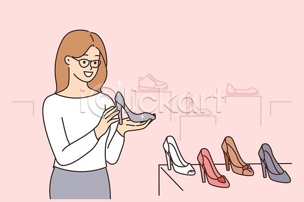 기쁨 성인 성인여자한명만 여자 한명 EPS 일러스트 해외이미지 구두 들기 라이프스타일 반짝임 상반신 신발가게