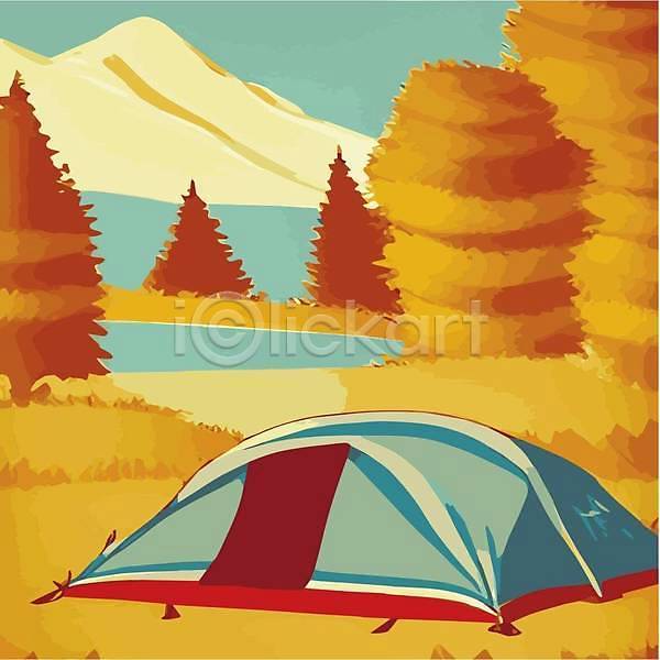 사람없음 EPS 일러스트 해외이미지 나무 모닥불 여행 캠핑 캠핑장 텐트 풍경(경치) 해외202309