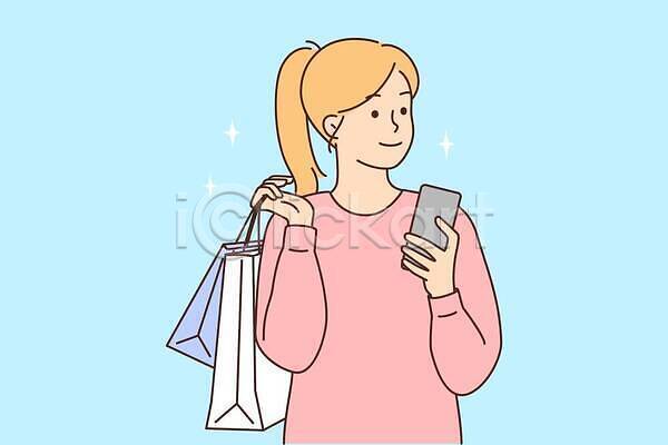기쁨 성인 성인여자한명만 여자 한명 EPS 일러스트 해외이미지 구매 들기 라이프스타일 상반신 쇼핑 쇼핑백 스마트폰 어깨에손