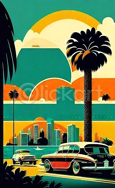 빈티지 사람없음 JPG 포토 해외이미지 건물 도로 도시 마이애미 복고 야자수 여행 자동차 태양 포스터 해외202309