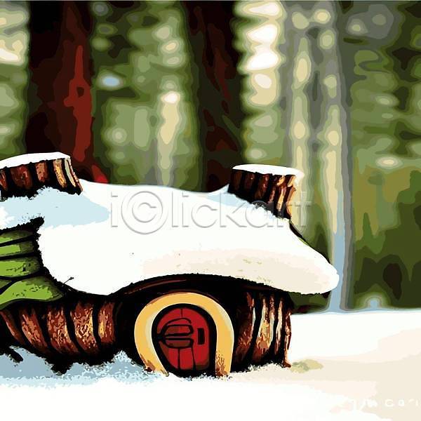 추위 사람없음 EPS 일러스트 해외이미지 겨울 나무 눈(날씨) 설원 숲 주택 풍경(경치) 해외202309