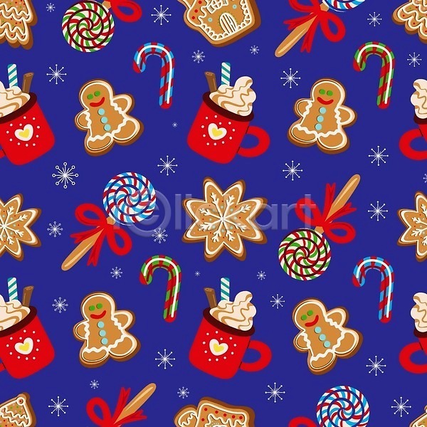 빈티지 사람없음 EPS 일러스트 해외이미지 막대사탕 지팡이사탕 진저맨 진저쿠키 코코아 크리스마스 파란색 패턴 패턴백그라운드 해외202309