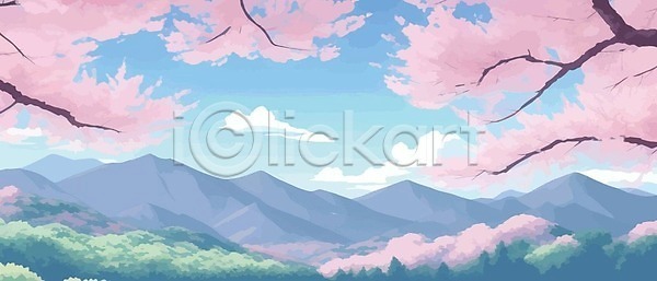 분위기 사람없음 EPS 일러스트 해외이미지 구름(자연) 나무 벚꽃 분홍색 산 하늘