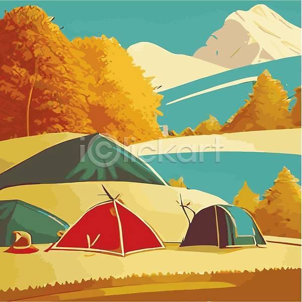 사람없음 EPS 일러스트 해외이미지 나무 모닥불 여행 캠핑 캠핑장 텐트 풍경(경치) 해외202309
