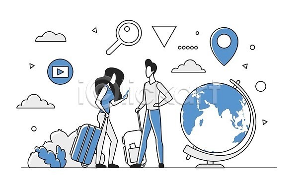 분석 스마트 남자 두명 성인 여자 EPS 일러스트 해외이미지 경영 데이터베이스 디지털 비즈니스 업무 여행 온라인 인터페이스 전신 정보 지구본 파란색 해외202310