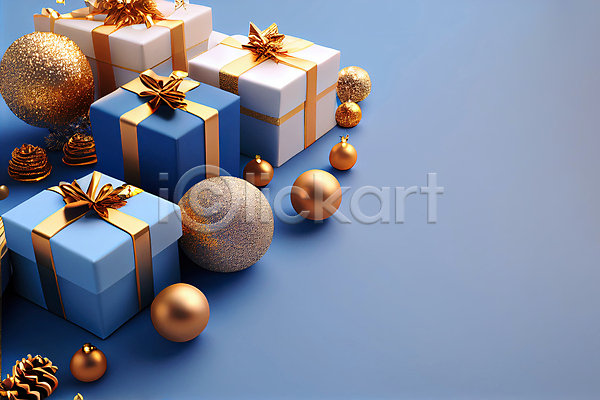 사람없음 3D JPG 포토 해외이미지 구슬 금색 리본 백그라운드 선물상자 솔방울 오너먼트 원형 카피스페이스 크리스마스 파란색 해외202309