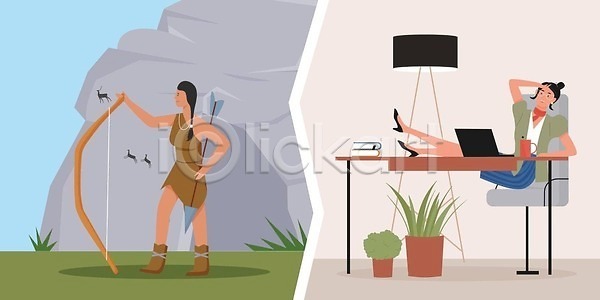 비교 사람 여자 EPS 일러스트 해외이미지 기간 단절 동굴 디자인 만화 무기 백그라운드 벡터 비즈니스 비즈니스우먼 사냥 사냥꾼 사무실 생존 서기 선사시대 업무 원시시대 음식 일러캐릭터 작업 잡기 전사 캐릭터 커플 커피 플랫 해외202309 해외일러스트 활