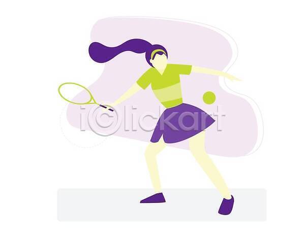 성인 성인여자한명만 여자 한명 EPS 일러스트 해외이미지 보라색 전신 테니스 테니스공 테니스라켓 테니스복 해외202309 휘두르기