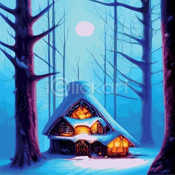 추위 사람없음 EPS 일러스트 해외이미지 겨울 나무 눈(날씨) 설원 숲 주택 풍경(경치) 해외202309