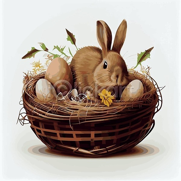 사람없음 EPS 일러스트 해외이미지 계란 바구니 부활절계란 짚 토끼 풀(식물) 한마리 해외202309