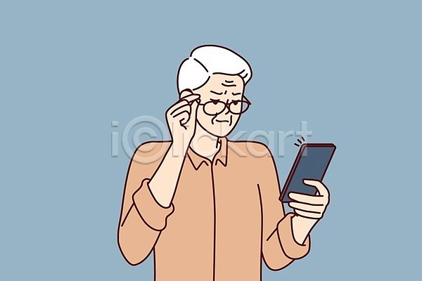 남자 노년 노인남자한명만 EPS 일러스트 해외이미지 건강 문제 스마트폰 시력 안경 잡기 찡그림 할아버지 해외202309