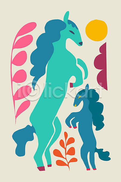 사람없음 JPG 포토 해외이미지 그림 기하학 두마리 말(동물) 무늬 백그라운드 추상 컬러풀 포스터 풀잎 해외202309