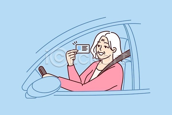 행복 노년 노인여자한명만 여자 한명 EPS 일러스트 해외이미지 보여주기 상반신 승차 운전 운전면허증 자동차 할머니 해외202309