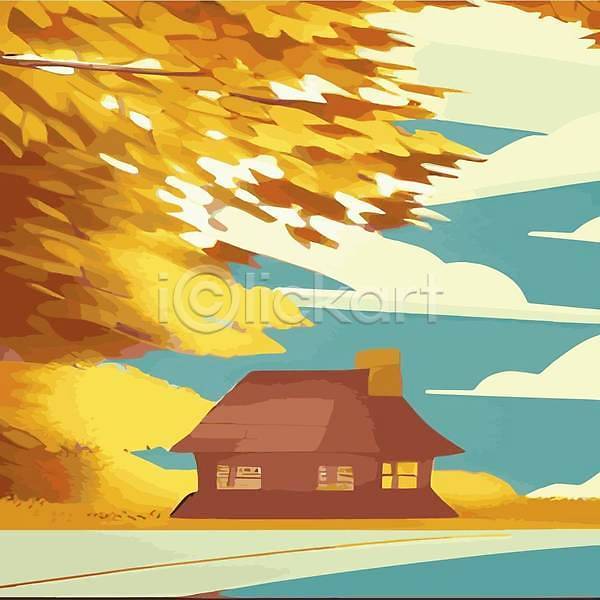 사람없음 EPS 일러스트 해외이미지 구름(자연) 나무 노란색 숲 주택 해외202309