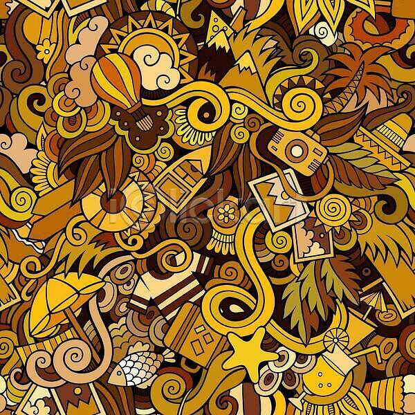 사람없음 EPS 일러스트 해외이미지 가득함 가방 낙서 노란색 모자(잡화) 백그라운드 야자수 어류 여름(계절) 여행 옷 잎 카메라 태양 튜브 파라솔 패턴