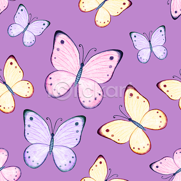 사람없음 JPG 포토 해외이미지 나비 보라색 손그림 수채화(물감) 패턴 해외202309