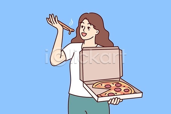 성인 성인여자한명만 여자 한명 EPS 일러스트 해외이미지 들기 먹기 상반신 상자 피자 피자조각 해외202309