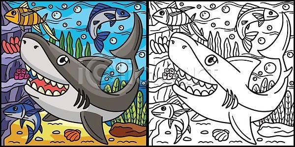 어린이 EPS 일러스트 해외이미지 걸음마 그래픽 그림 낙서 동물 디자인 만화 물 미술 바다 백그라운드 벡터 상어 색칠공부 선 손그림 수중 암초 야생동물 어류 유치원 윤곽 지느러미 치아 컬러 컬러풀 클립아트 큼 턱 페이지 해외202309 해외일러스트