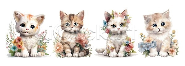귀여움 사람없음 EPS 일러스트 해외이미지 고양이 꽃 번짐 세트 수채화(물감) 야생동물 질감 풀잎 해외202309