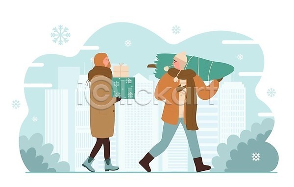 남자 두명 성인 성인만 여자 EPS 일러스트 해외이미지 건물 걷기 겨울 겨울옷 눈송이 들기 라이프스타일 선물상자 손짓 전신 크리스마스트리 풀(식물) 해외202309