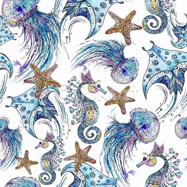 사람없음 JPG 포토 해외이미지 가오리 동물 불가사리 수채화(물감) 컬러풀 파란색 패턴 해마 해외202309 해파리