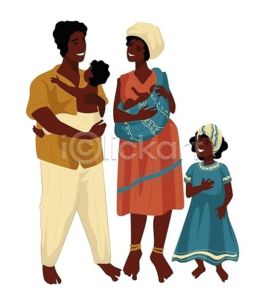 화목 남자 성인 소녀(어린이) 소년 아기 어린이 여러명 여자 흑인 EPS 일러스트 해외이미지 가족 들기 미소(표정) 서기 아프리카인 안기 전신 전통의상 해외202309
