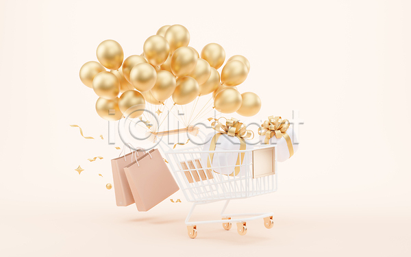 사람없음 3D JPG 포토 해외이미지 금색 반짝임 살구색 선물상자 쇼핑백 쇼핑카 이벤트 풍선 해외202309