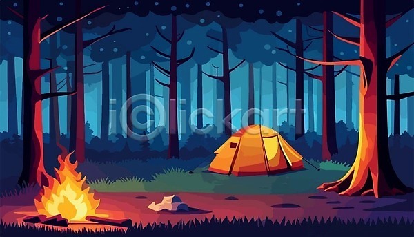 사람 사람없음 EPS 일러스트 해외이미지 나무 모닥불 산 여행 캠핑 캠핑장 텐트 풍경(경치) 해외202309