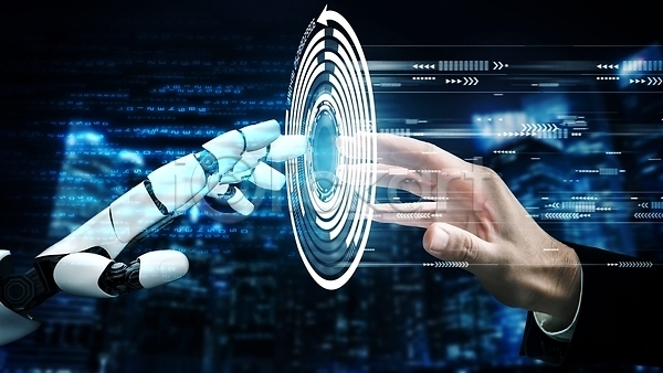 미래 신체부위 AI(파일형식) 일러스트 해외이미지 AI(인공지능) 그래프 기계 로봇 비즈니스 손 손뻗기 스크린 파란색 해외202309 화살표