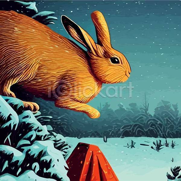 사람없음 EPS 일러스트 해외이미지 겨울 나무 눈내림 눈덮임 숲 야생동물 토끼 해외202309