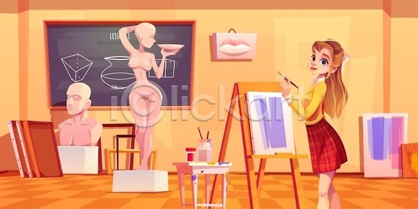 만족 사람 EPS 일러스트 해외이미지 교실 교육 그리기 그림 내부 만화 미술 백그라운드 벡터 뷰티 스케치 실내 연필 예술가 이젤 일러캐릭터 작업실 조각상 종이 직업 직장 창조 취미 칠판 캐릭터 팔레트 페인트 페인트붓 펜 프레임 학교 해외202309 해외일러스트 화가