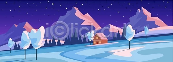 사람없음 EPS 일러스트 해외이미지 겨울 나무 라이프스타일 밤하늘 백그라운드 별 설산 설원 주택 파란색 해외202309