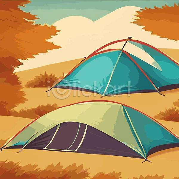 사람없음 EPS 일러스트 해외이미지 나무 노란색 산 여행 캠핑 캠핑장 텐트 풍경(경치) 해외202309