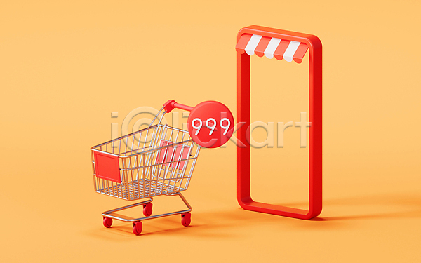 사람없음 3D JPG 포토 해외이미지 빨간색 쇼핑 쇼핑카 스마트폰 알림 오브젝트 온라인몰 차양막 해외202309