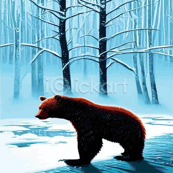 사람없음 EPS 일러스트 해외이미지 겨울 곰 나무 눈덮임 숲속 야생동물 한마리 해외202309