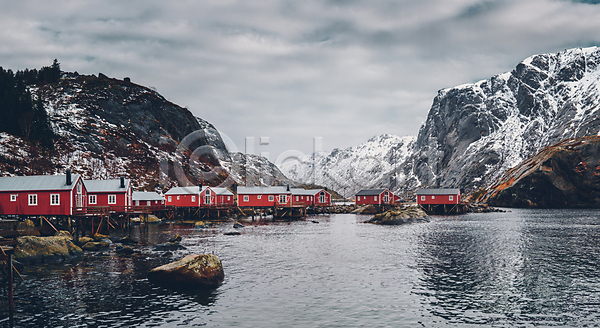사람없음 JPG 포토 해외이미지 겨울 노르웨이 땅 랜드마크 마을 빨간색 세계문화유산 스칸디나비아 여행 전통 주택 해외202309