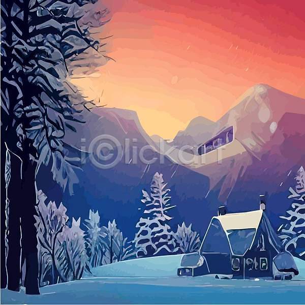 추위 사람없음 EPS 일러스트 해외이미지 겨울 나무 눈(날씨) 설원 숲 일몰 주택 풍경(경치) 해외202309