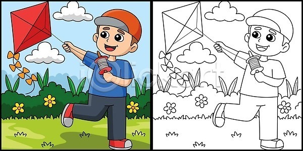 소년 어린이 EPS 실루엣 일러스트 해외이미지 걸음마 계절 그래픽 그림 꽃 낙서 디자인 만화 맑음 미술 백그라운드 벡터 봄 색칠공부 선 손그림 연 윤곽 처음 컬러 컬러풀 클립아트 페이지 해외202309 해외일러스트