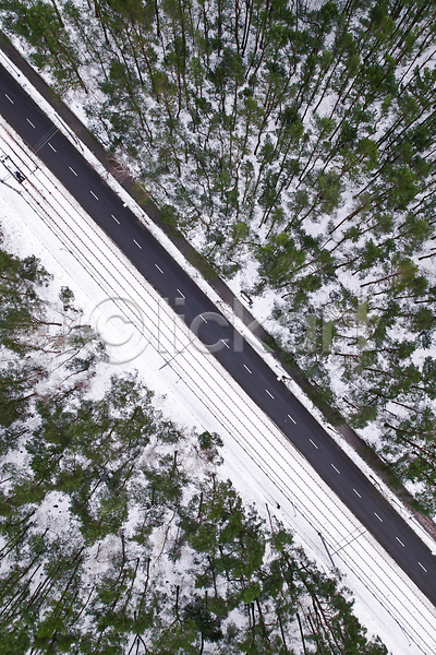 사람없음 JPG 포토 하이앵글 해외이미지 가로수 겨울 나무 눈(날씨) 도로 숲 야외 자연 풍경(경치) 해외202309