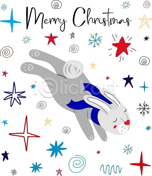 빈티지 사람없음 EPS 일러스트 해외이미지 반짝임 별 크리스마스 크리스마스카드 토끼 한마리 해외202309 흰색