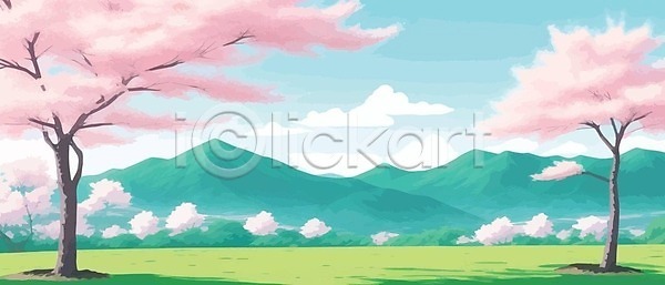 사람없음 EPS 일러스트 해외이미지 무료이미지 벚꽃 봄 산 풍경 해외202309 해외일러스트